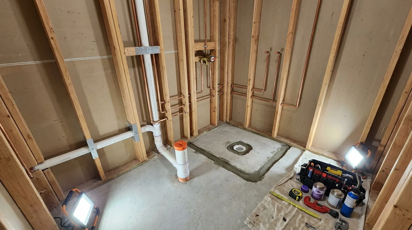 Bathroom rough-in plumbing during remodel by Johns Plumbing LLC in Guadalupe