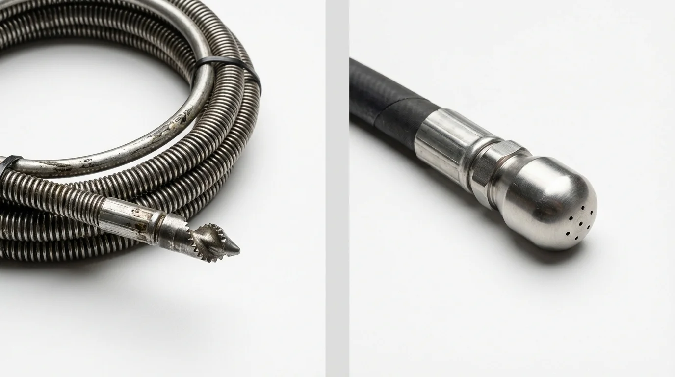 Drain snake cable and hydro jetting nozzle used for drain cleaning in Guadalupe, CA