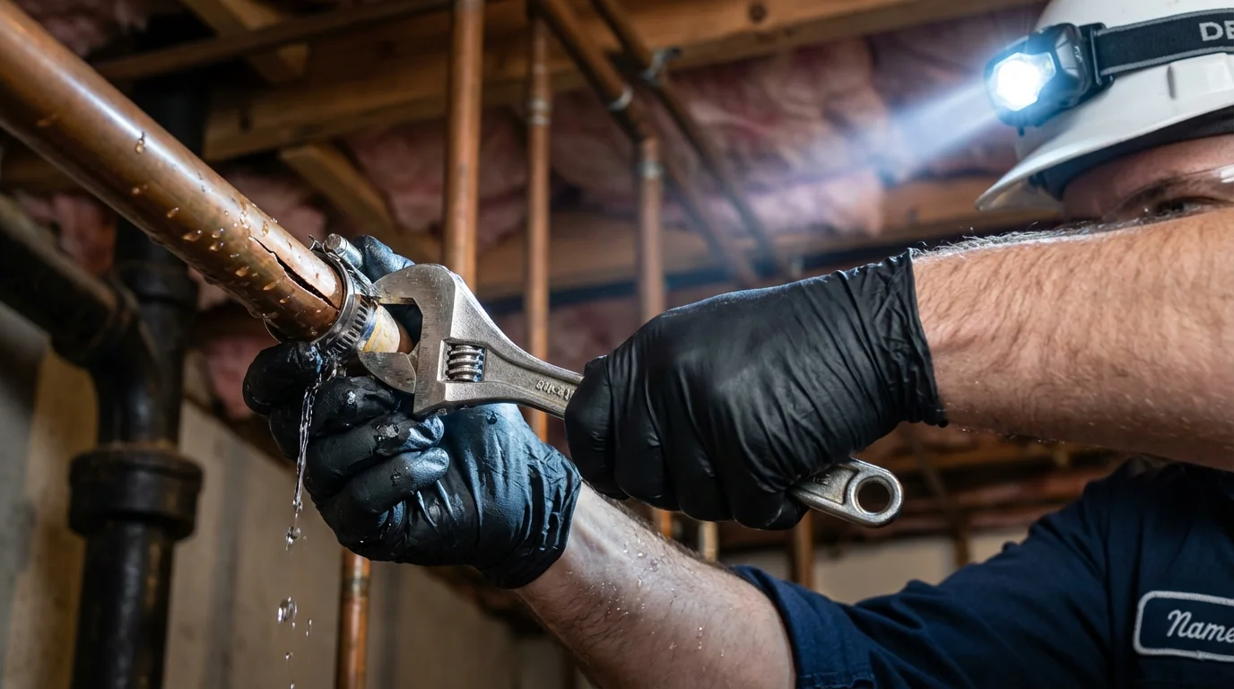 Emergency pipe clamp repair being performed by a Johns Plumbing LLC plumber in Guadalupe