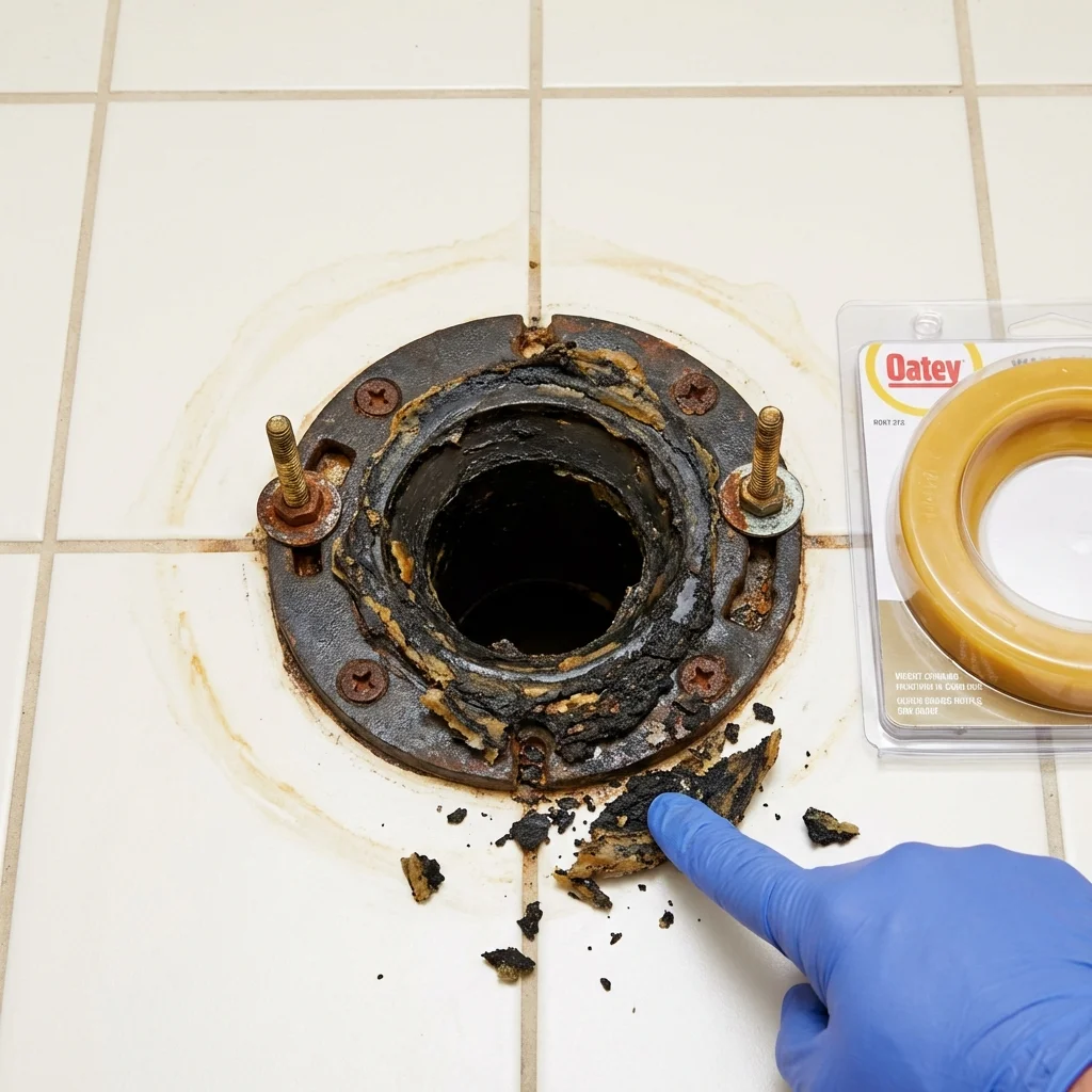 Failed wax ring showing water seepage at the base of a toilet in a Guadalupe, CA home