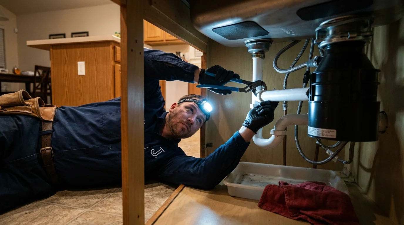 P-trap and supply line connections under a kitchen sink showing a common leak point in Guadalupe, CA